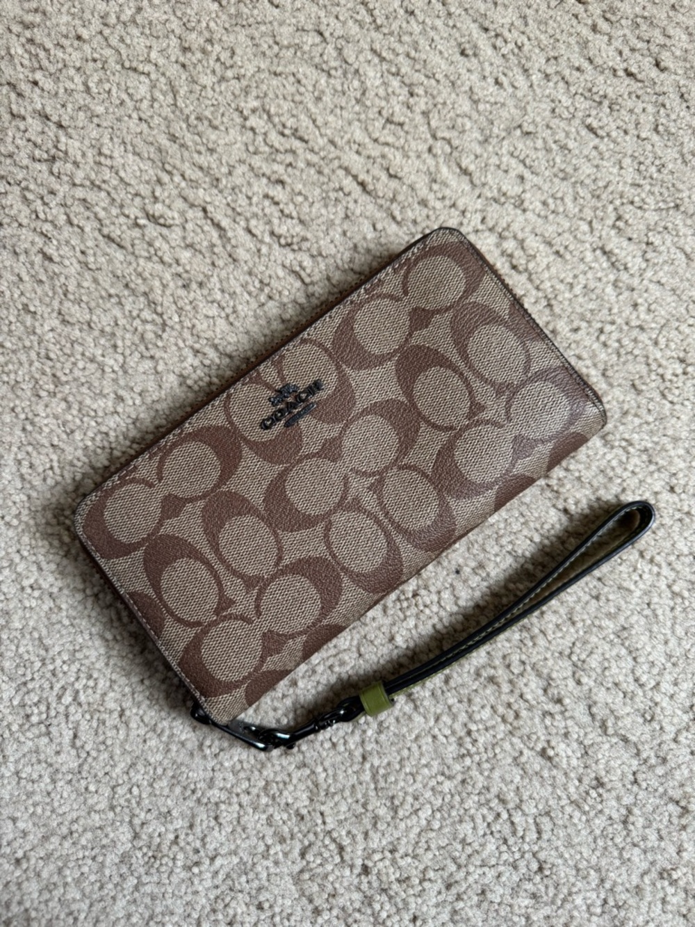Coach Brown/Tan Signature Canvas Zip Wallet with Wrist Strap